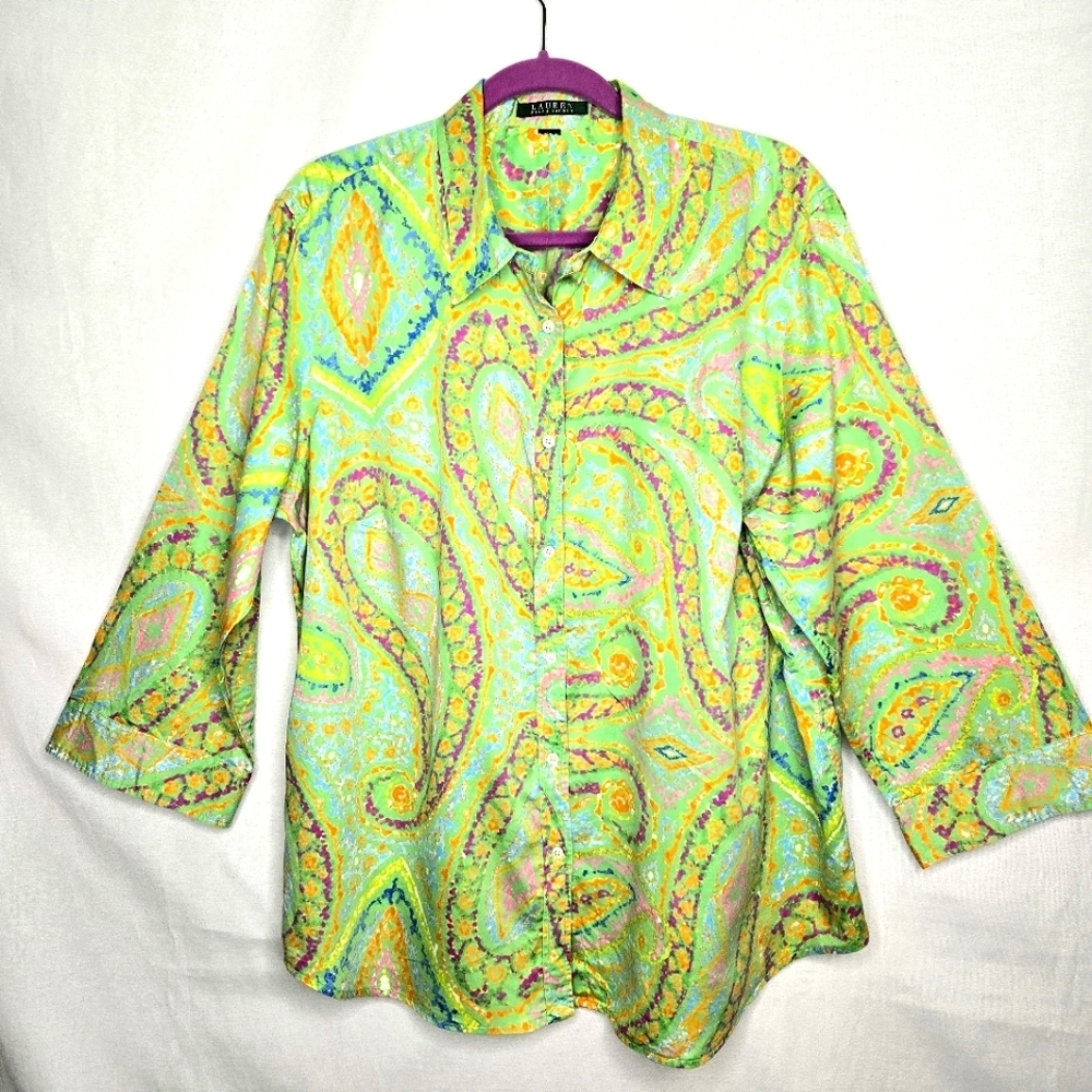 Lauren Ralph Lauren 3/4 Sleeve Paisley Print Blouse/top. Pink/green. 2X
